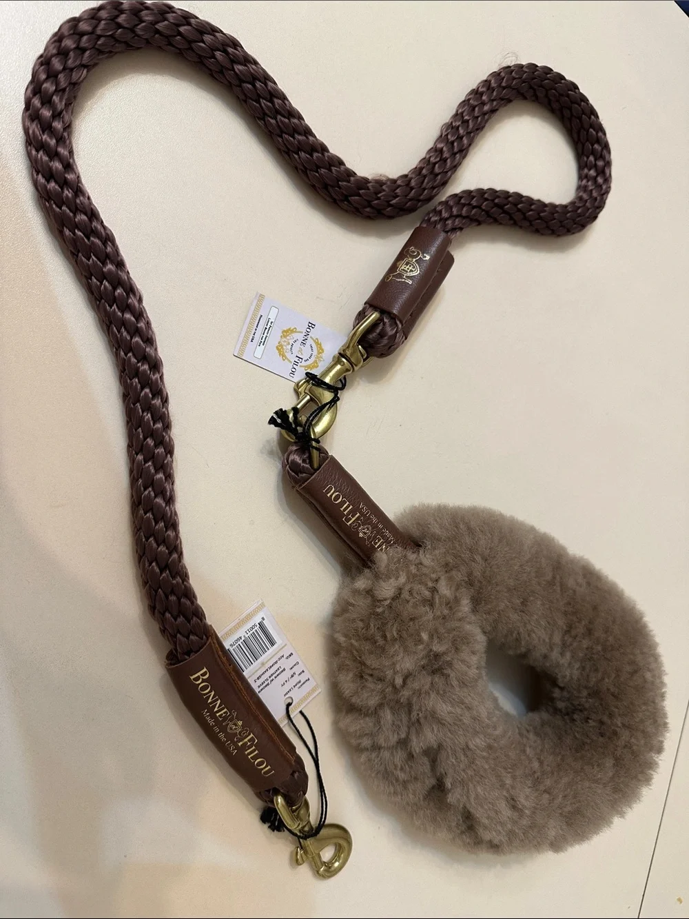 Camel Shearling Fur Dog Leash with Braided Rope